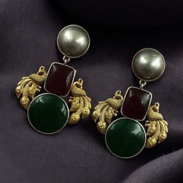 Elegant Peacock-Inspired Two-Tone Brass Earrings with Monalisa Stone ? A Contemporary Choice for Every Occasion - ''Red-Green''