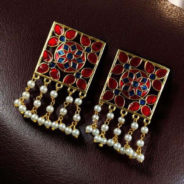 Premium Gold Plated Brass Meenakari Stud Earrings ? A Perfect Blend of Ethnic Beauty - ''Red-Blue ''