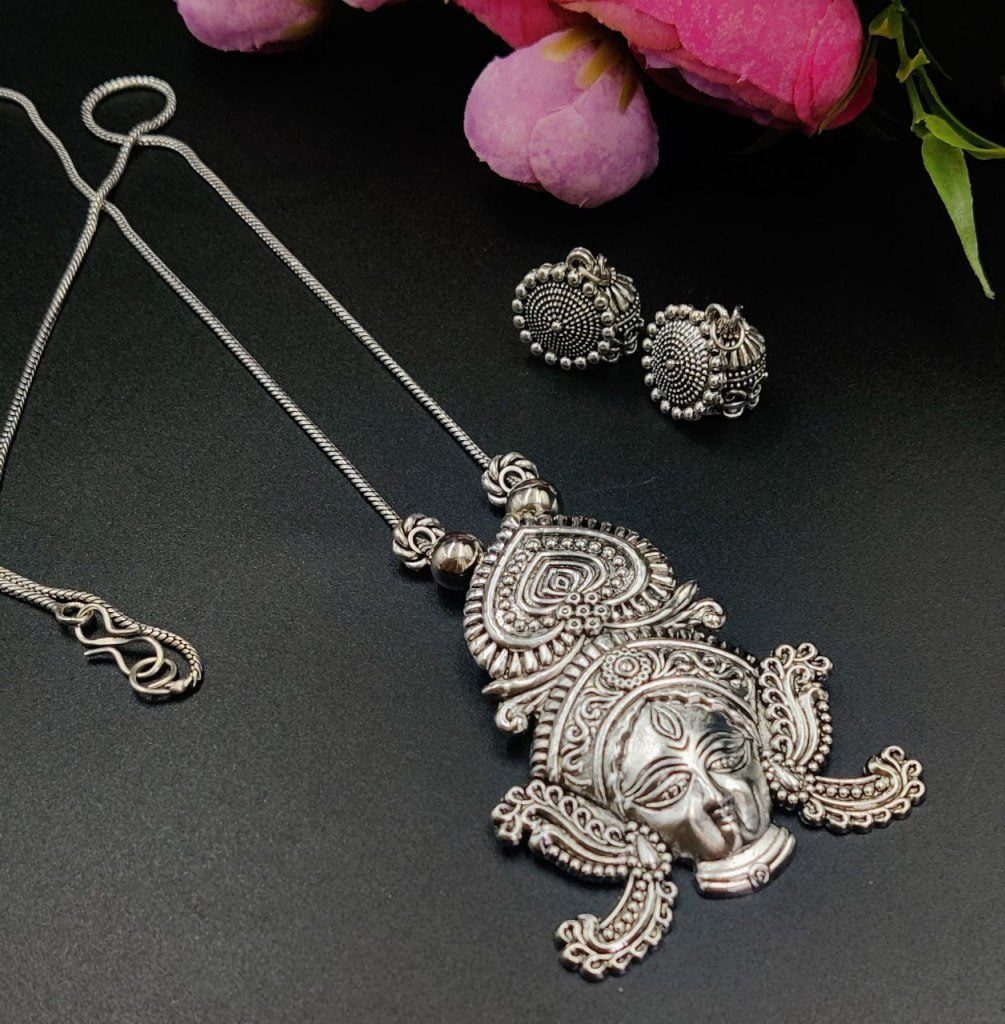 Oxidised Chain Necklace With Jhumka Earrings