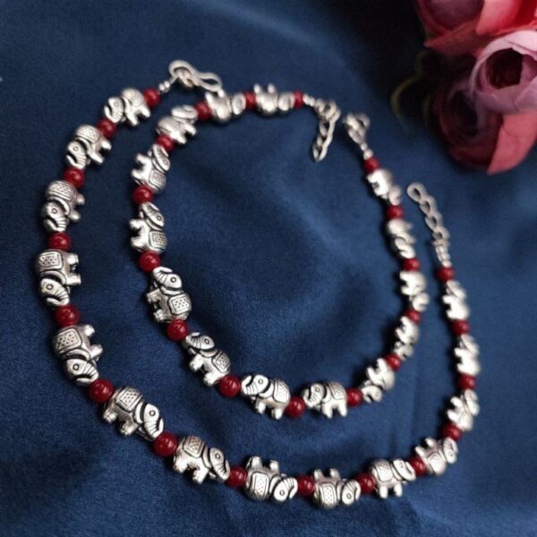 Oxdised Elephant Beads Anklets - Adjustable Size Anklet - "Red"