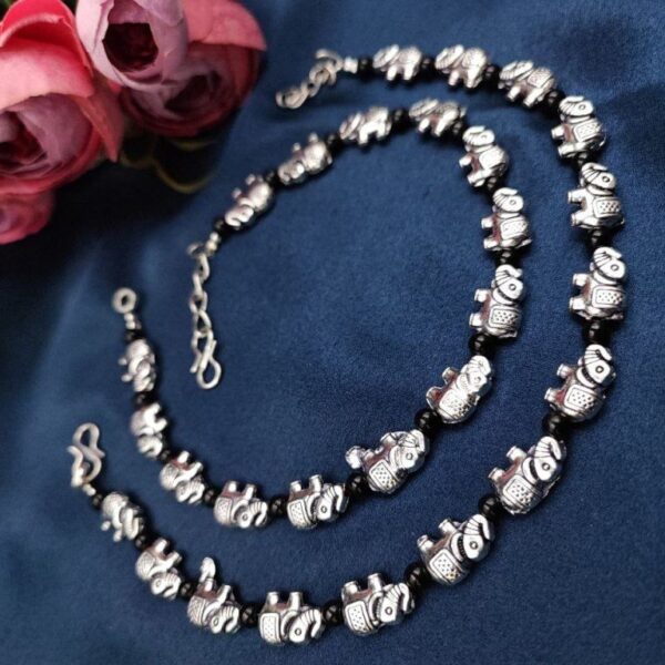 Oxdised Elephant Beads Anklets - Adjustable Size Anklet - "Black"