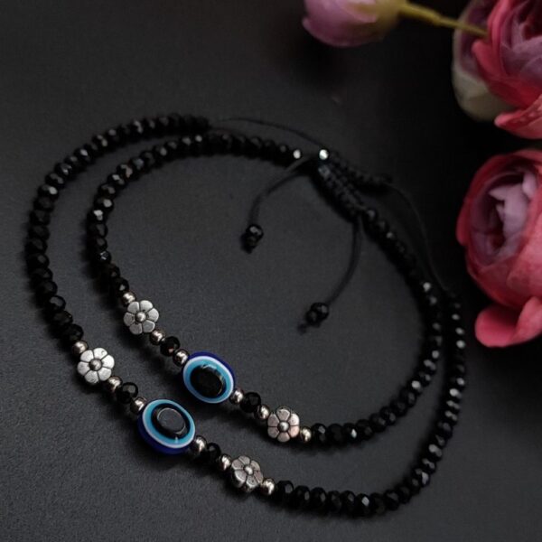 Oxdised Evil Eye Beads Anklets - Adjustable Size Anklet - "Flower"