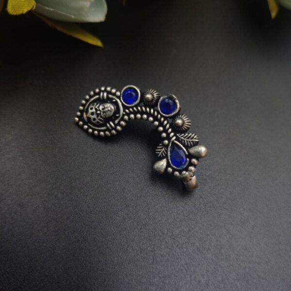 Oxidised Silver Plated Marathi Durga Nath Press Nosepin - "Blue"