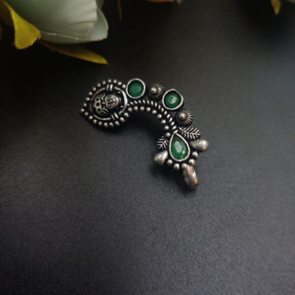 Oxidised Silver Plated Marathi Durga Nath Press Nosepin - "Green"