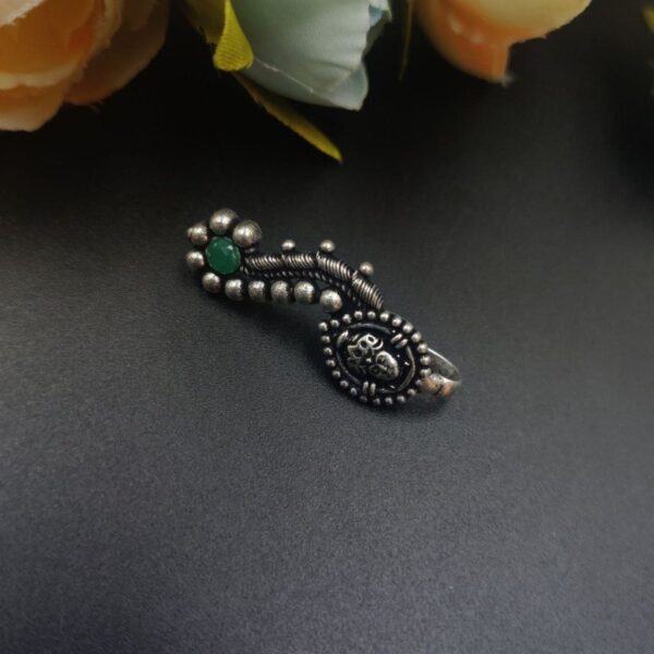Oxidised Silver Plated Marathi Durga Nath Press Nosepin - "Green"