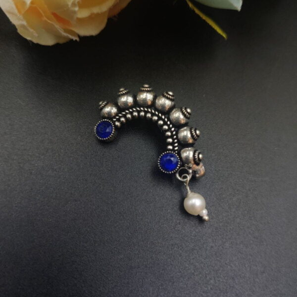 Oxidised Marathi Nath - Affordable Silver Plated Press Nosepin - "Blue"