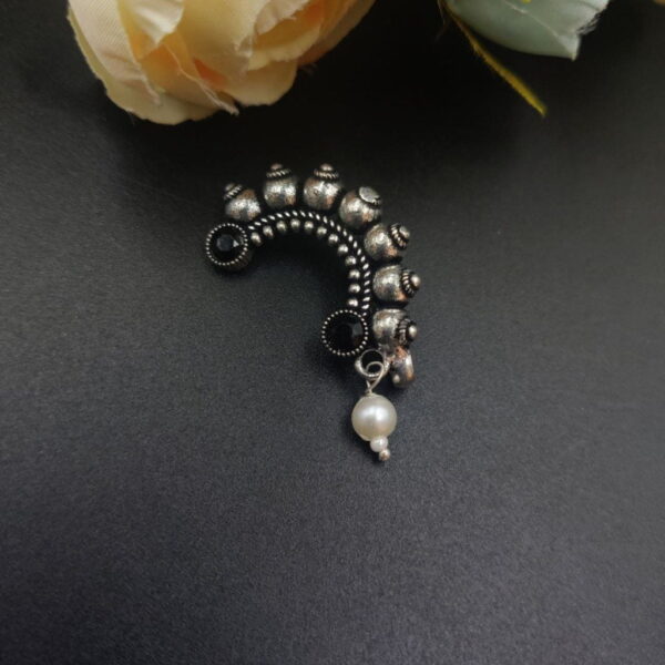 Oxidised Marathi Nath - Affordable Silver Plated Press Nosepin - "Black"