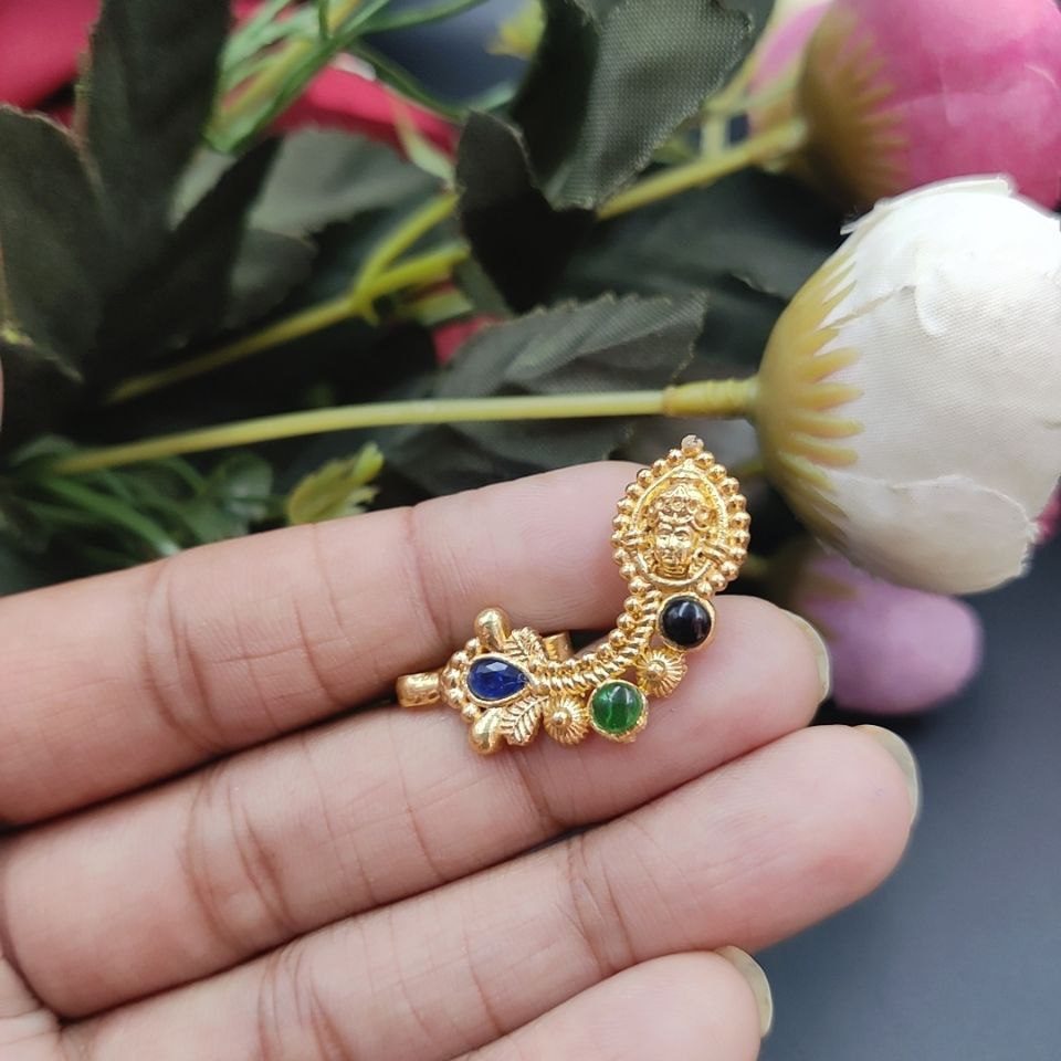 Marathi Style Durga Golden Polish Nosepin For Girls - Image 11