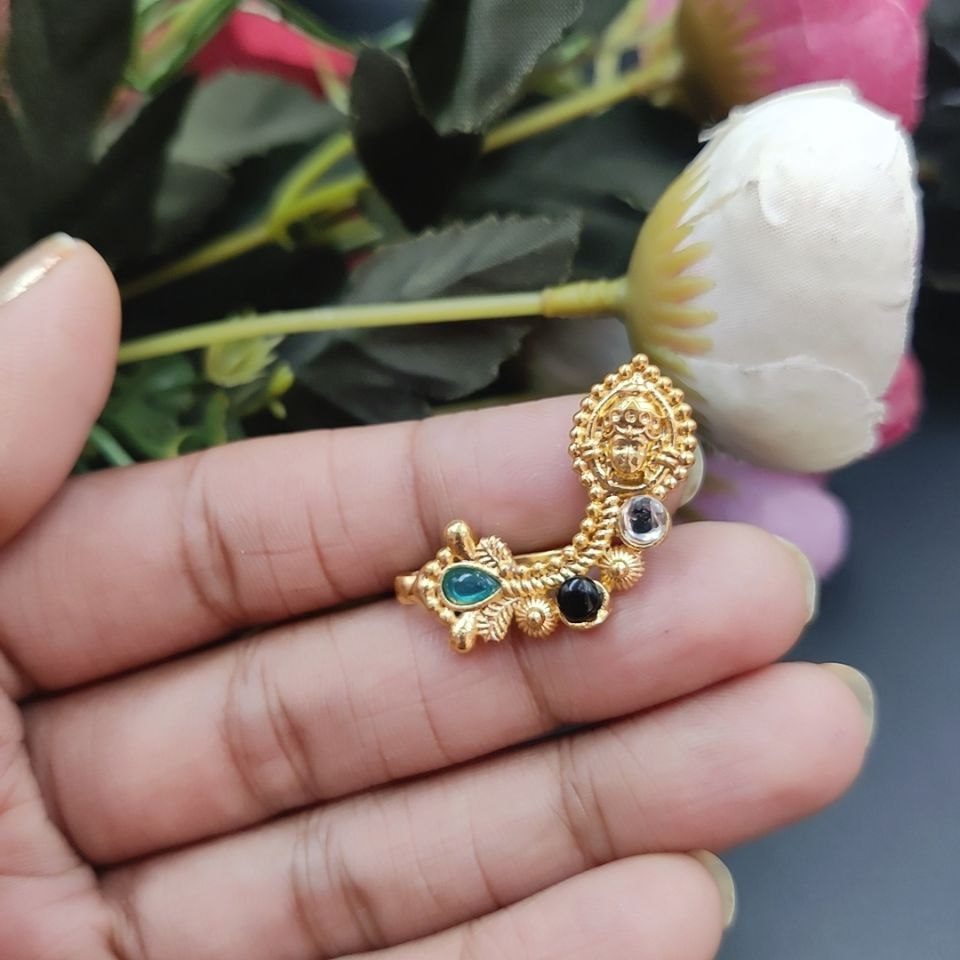 Marathi Style Durga Golden Polish Nosepin For Girls - Image 6