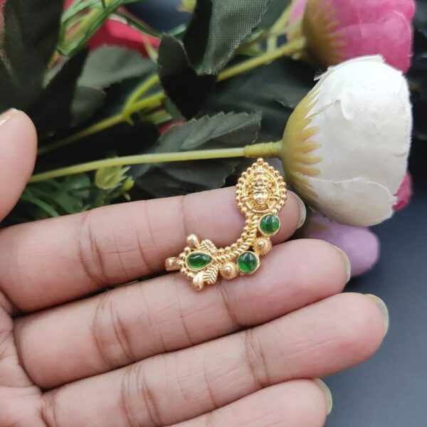 Marathi Style Durga Golden Polish Nosepin For Girls - "Green"