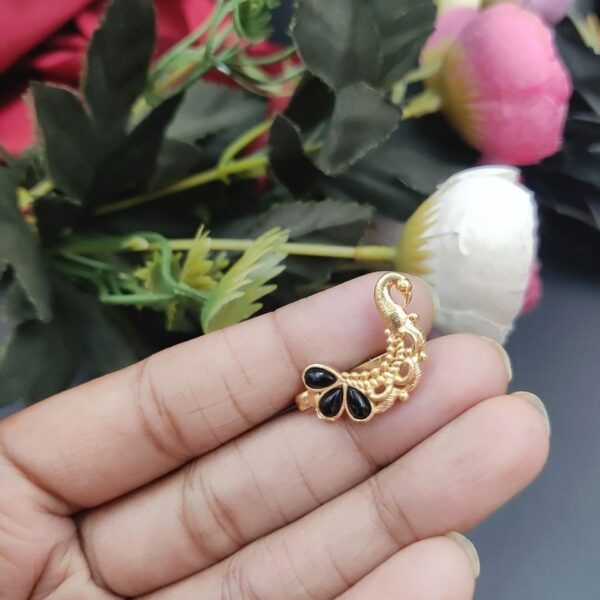 Marathi Style Golden Polish Peacock Nosepin For Girls - "Black"