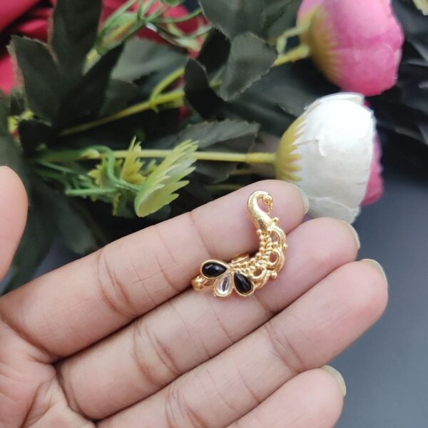 Marathi Style Golden Polish Peacock Nosepin For Girls - "Black White"