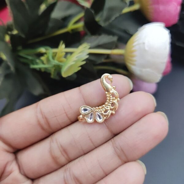 Marathi Style Golden Polish Peacock Nosepin For Girls - "White"