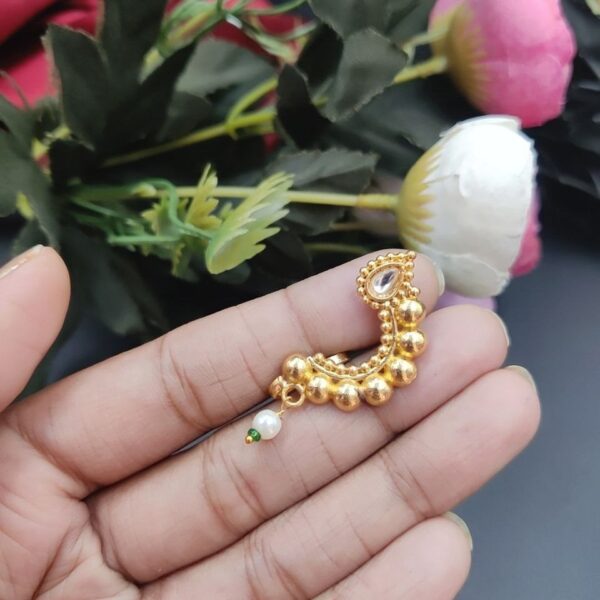 Marathi Style Golden Polish Nosepin For Girls - "White"