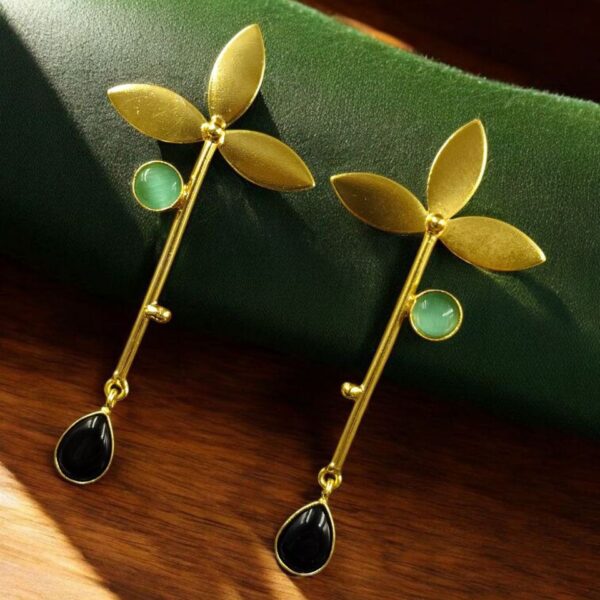 Premium Gold-Plated Brass Earrings: Perfect Contemporary Long Studs with Monalisa Stone - ''Mint - Black ''