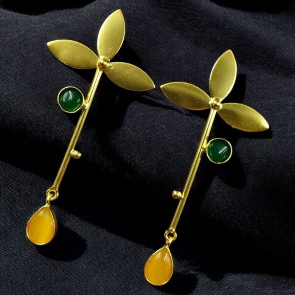 Premium Gold-Plated Brass Earrings: Perfect Contemporary Long Studs with Monalisa Stone - ''Green - Yellow''