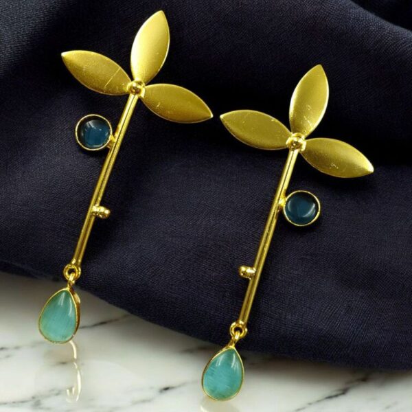 Premium Gold-Plated Brass Earrings: Perfect Contemporary Long Studs with Monalisa Stone - ''Blue - Aqua''
