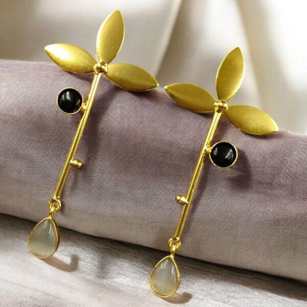 Premium Gold-Plated Brass Earrings: Perfect Contemporary Long Studs with Monalisa Stone - ''Black - Grey''