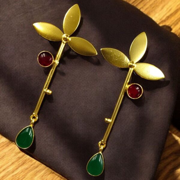 Premium Gold-Plated Brass Earrings: Perfect Contemporary Long Studs with Monalisa Stone - ''Red - Green''
