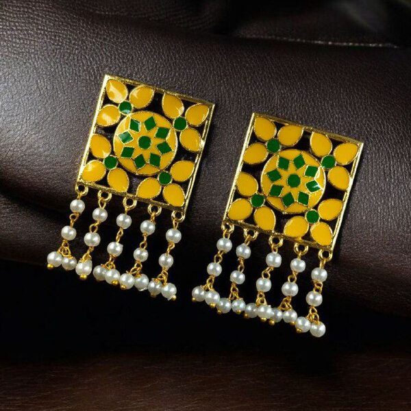Premium Gold Plated Brass Meenakari Stud Earrings ? A Perfect Blend of Ethnic Beauty - ''Yellow-Green''