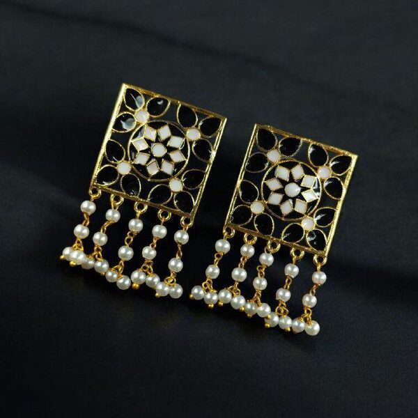 Premium Gold Plated Brass Meenakari Stud Earrings ? A Perfect Blend of Ethnic Beauty - ''Black-White ''