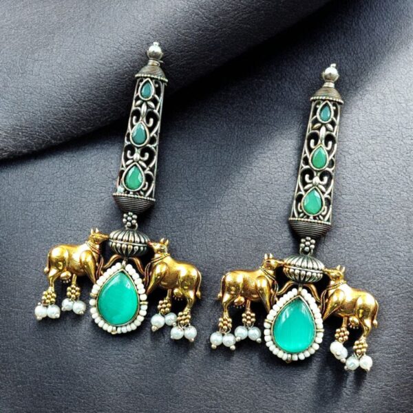 Premium Look Nandi Design Two-Tone Earrings | Stone & Pearl Work Beautiful Statement Jewelry - "Mint"