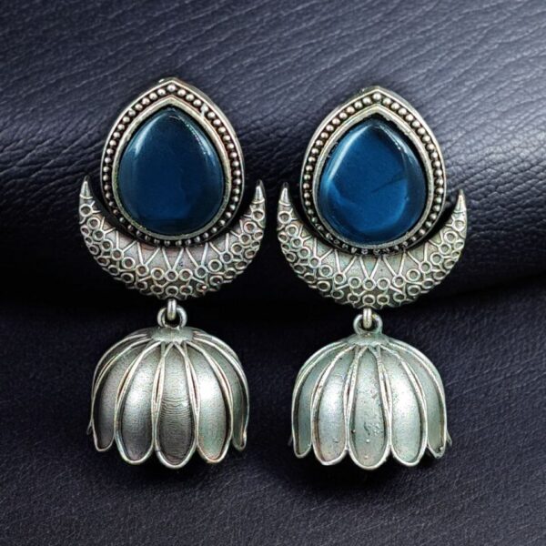 Traditional Oxidized Jhumka Earrings | Silver Replica Monalisa Stone Perfect Jewelry Gift for Her - "Blue"