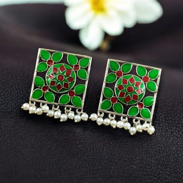 Traditional Silver Plated Meenakari Stud Earrings | Oxidized Pearl Work Amazing Jewelry - "Green-Red"