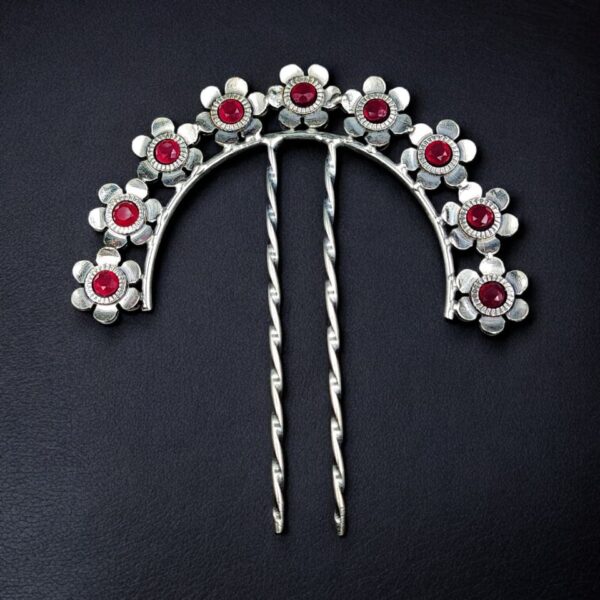 Ethnic Silver Plated Flower Bun Stick | Beautiful Hair Accessory with Stone Work - "Red"