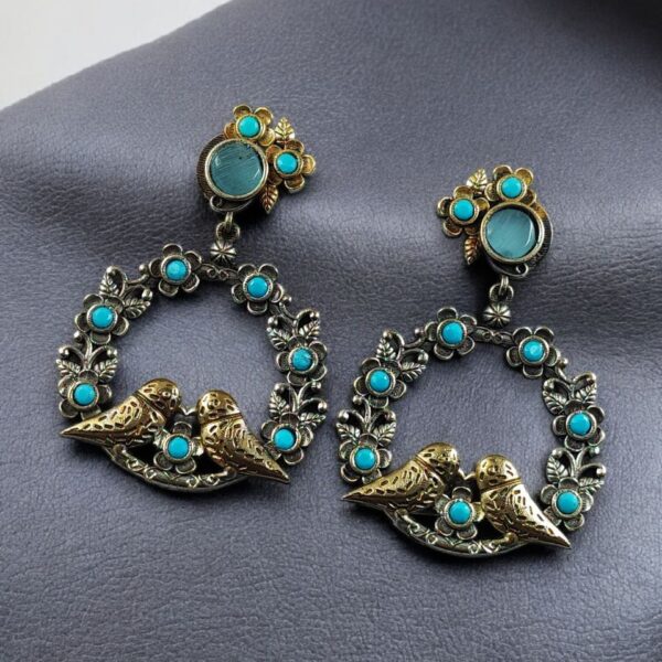 Elegant Two-Tone Bird Earrings | Flower Design Stone Work Best Traditional Jewelry - "Aqua"