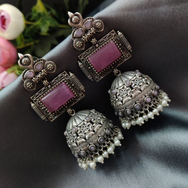 Unique Silver Replica Oxidised Jambo Jhumka With Monalisa Stones - "Baby Pink"