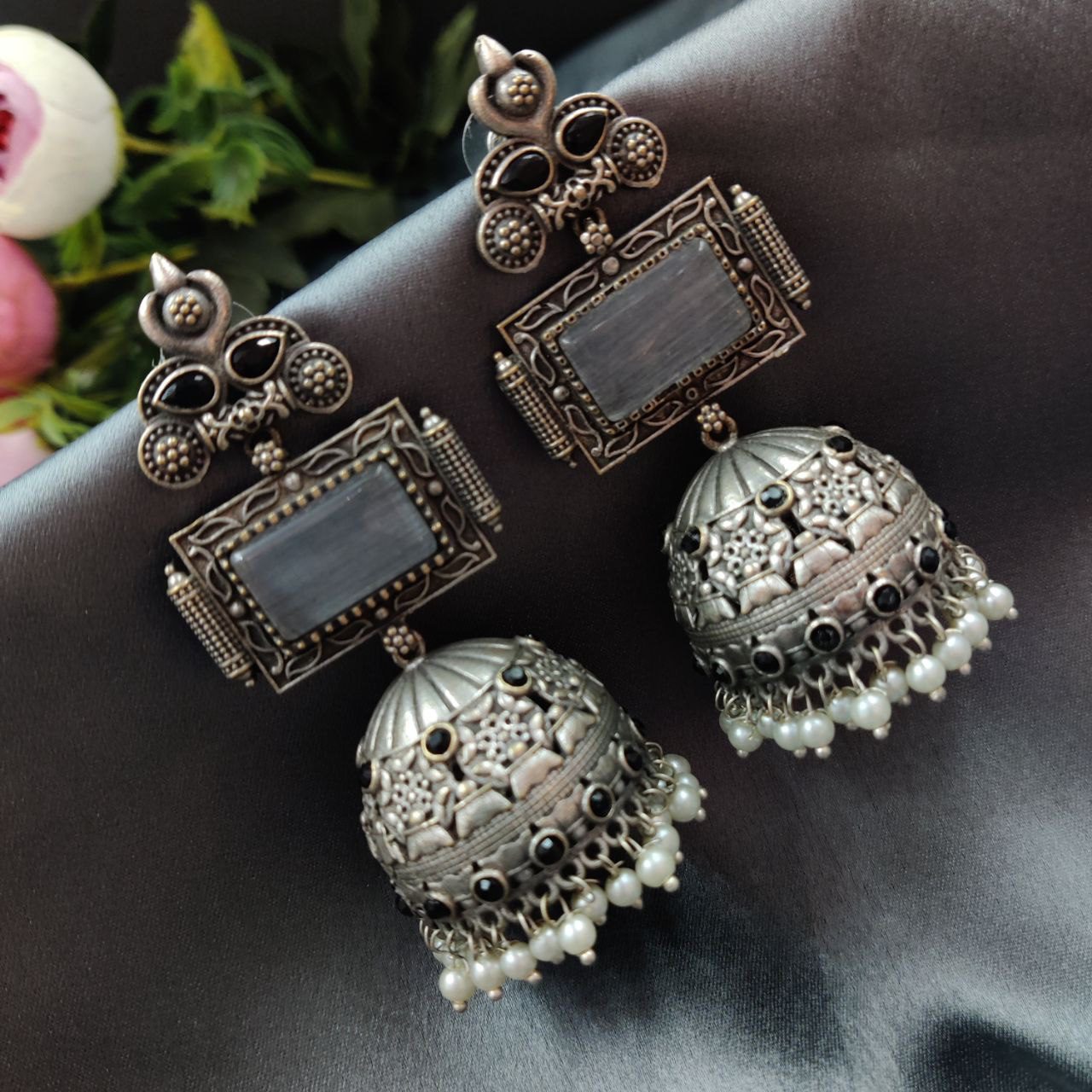 Unique Silver Replica Oxidised Jambo Jhumka With Monalisa Stones - Image 2