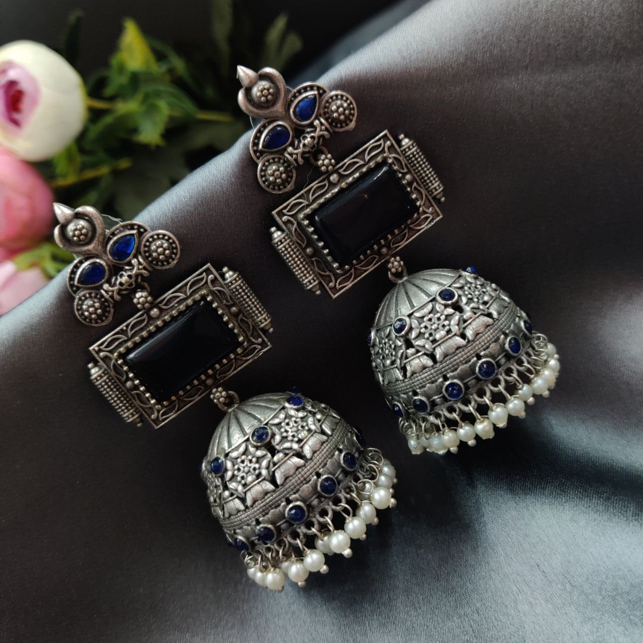 Unique Silver Replica Oxidised Jambo Jhumka With Monalisa Stones - Image 3