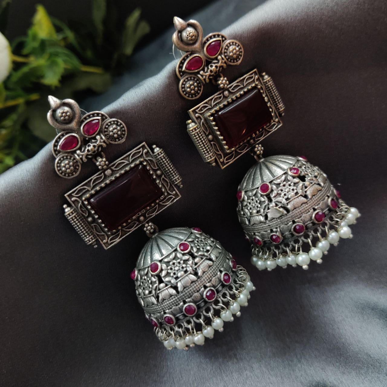 Unique Silver Replica Oxidised Jambo Jhumka With Monalisa Stones - Image 4