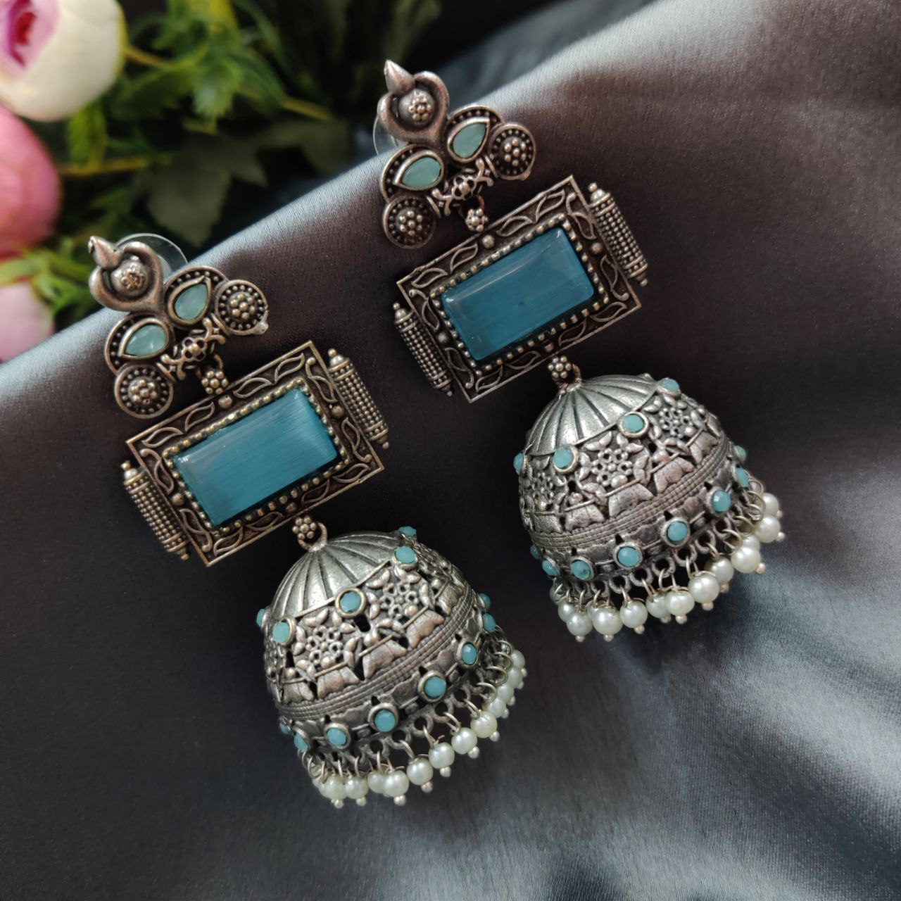 Unique Silver Replica Oxidised Jambo Jhumka With Monalisa Stones - Image 5