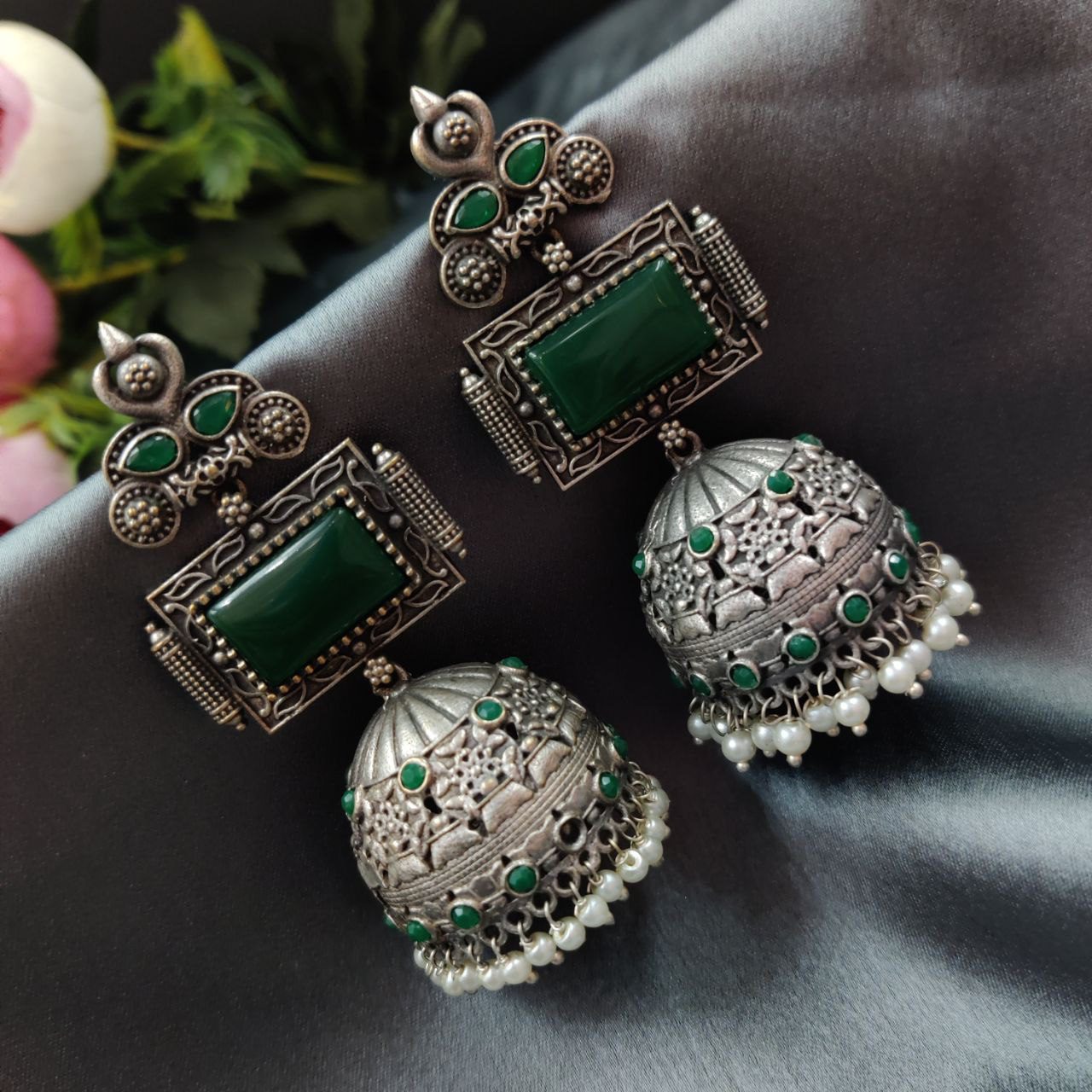 Unique Silver Replica Oxidised Jambo Jhumka With Monalisa Stones - Image 6