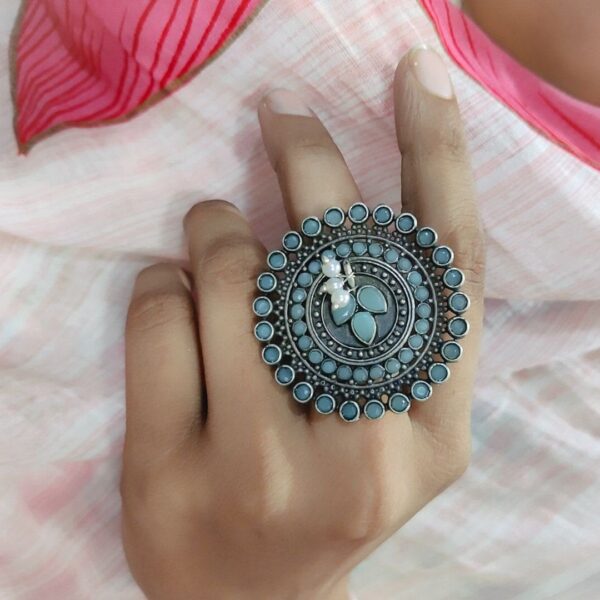Silver Replica Ring | Round Shape Pearl Beads Adjustable Rings For Girls - "Mint"