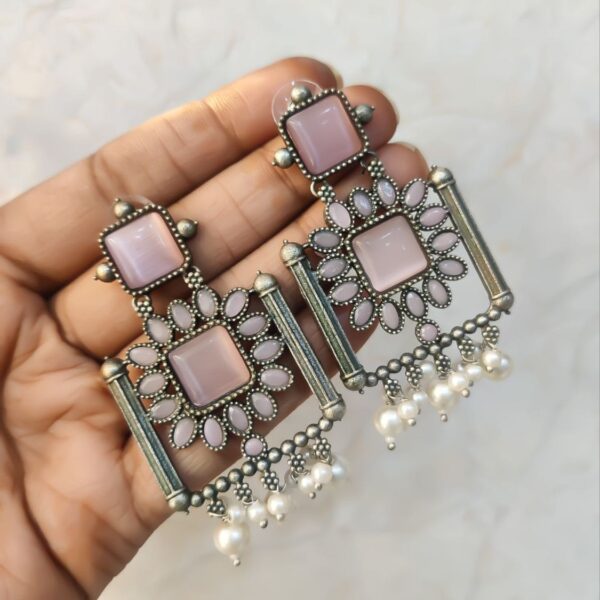 Silver Replica Square Monalisa Stone Stud Dangler Earrings - "Babypink"