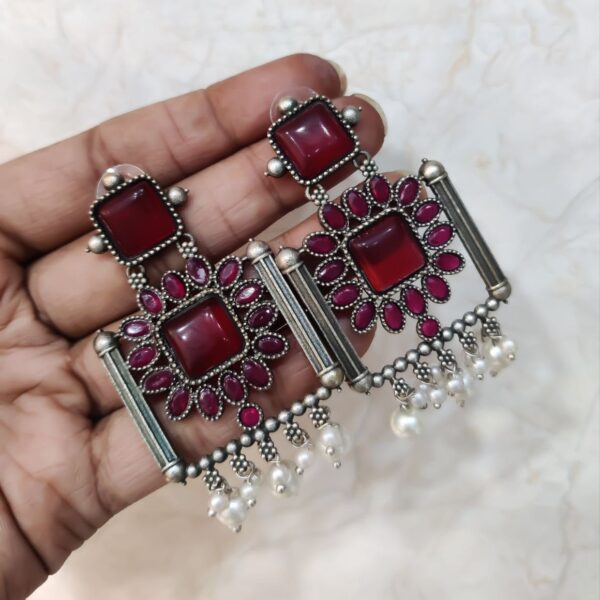 Silver Replica Square Monalisa Stone Stud Dangler Earrings - "Red"