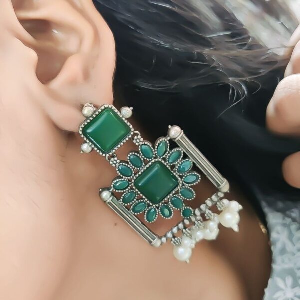 Silver Replica Square Monalisa Stone Stud Dangler Earrings - "Green"