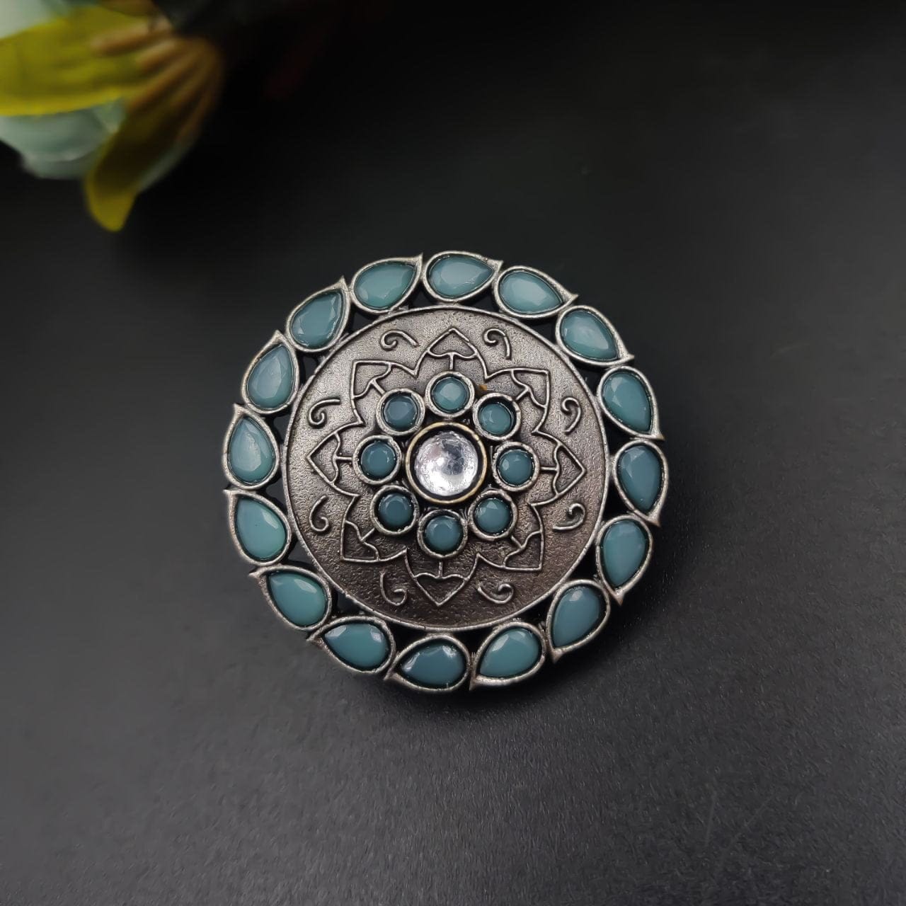 Antique Silver Replica Round Shape Stone Work Adjustable Rings For Girls - Image 6