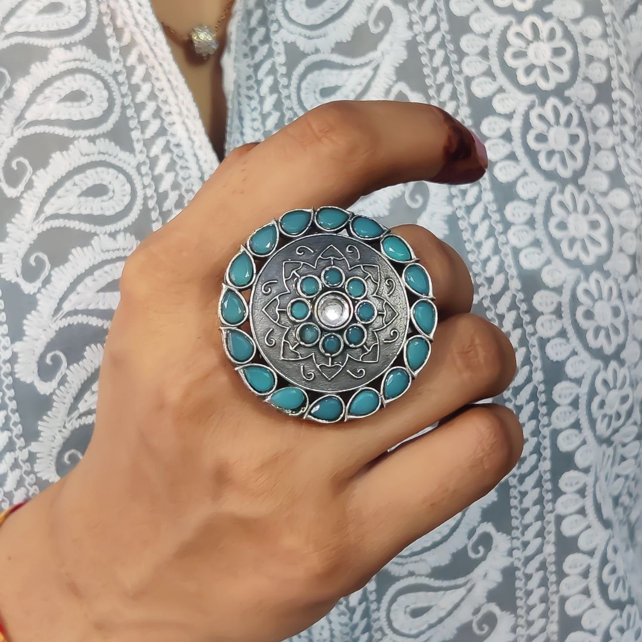 Antique Silver Replica Round Shape Stone Work Adjustable Rings For Girls