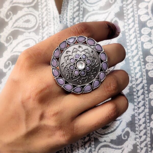 Antique Silver Replica Round Shape Stone Work Adjustable Rings For Girls - "Baby Pink"