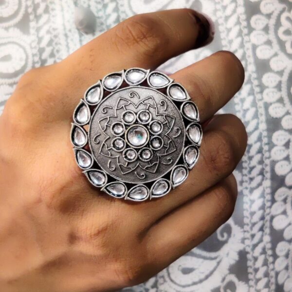 Antique Silver Replica Round Shape Stone Work Adjustable Rings For Girls - "White"