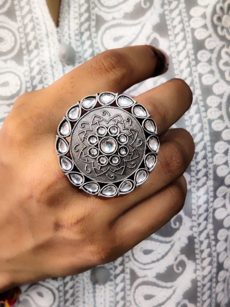 Antique Silver Replica Round Shape Stone Work Adjustable Rings For Girls - Image 2