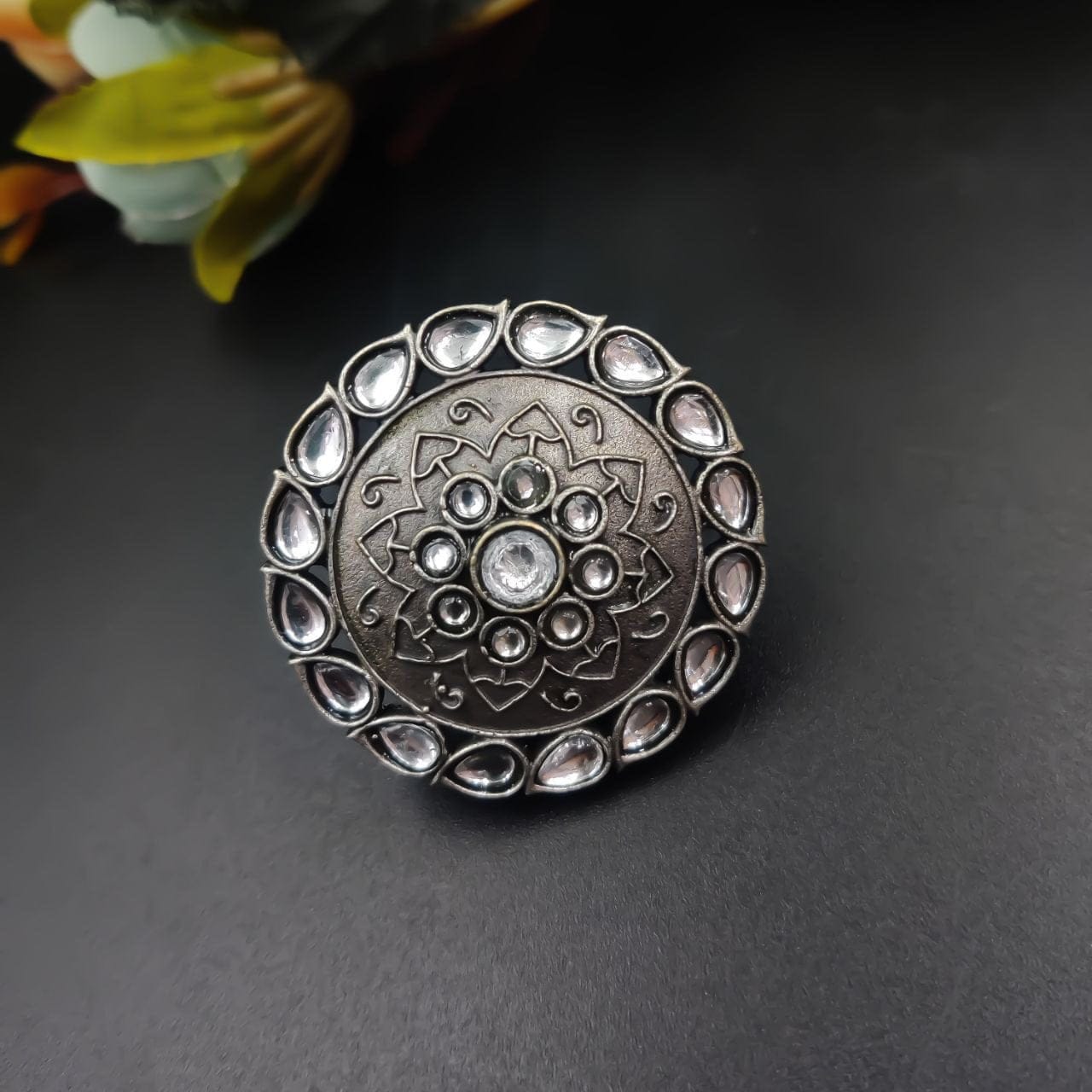 Antique Silver Replica Round Shape Stone Work Adjustable Rings For Girls - Image 3