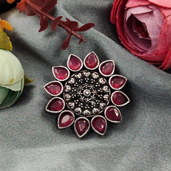 Silver Plated Flower Style Oxidised Stone Work Ring For Girls - "Pink"