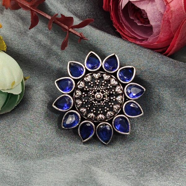 Silver Plated Flower Style Oxidised Stone Work Ring For Girls - "Blue"