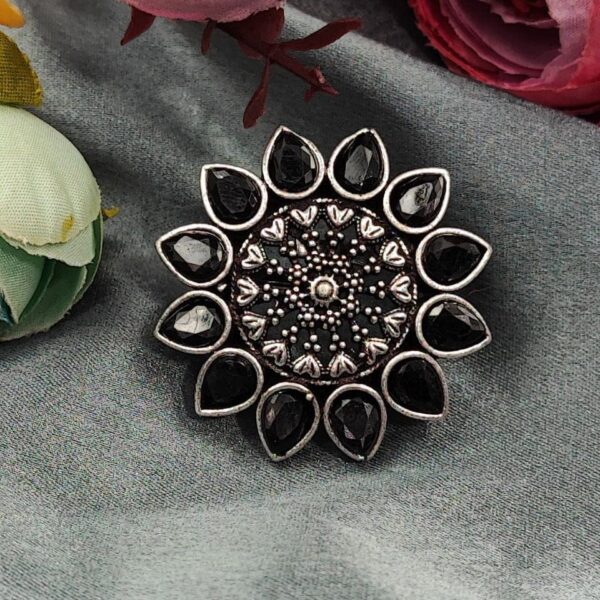 Silver Plated Flower Style Oxidised Stone Work Ring For Girls - "Black"