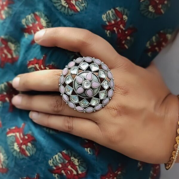 Antique Silver Replica Round Shape Stone Work Adjustable Rings For Girls - "Baby Pink"